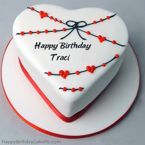 write name on Red White Heart Happy Birthday Cake
