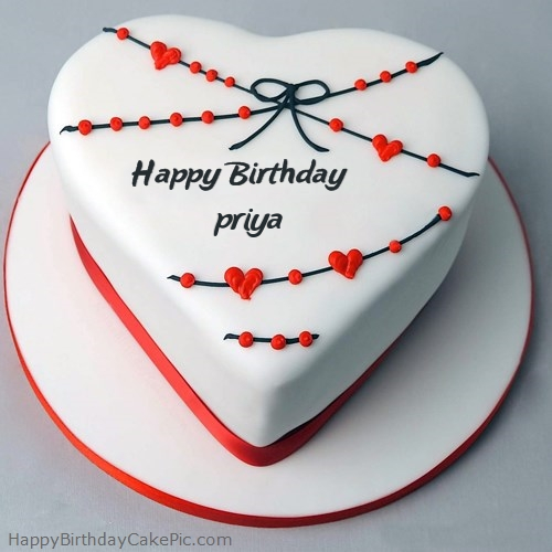 Red White Heart Happy Birthday Cake For Priya