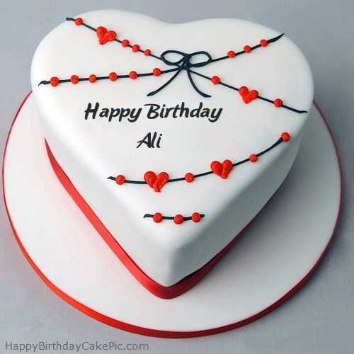 write name on Red White Heart Happy Birthday Cake