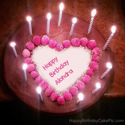 write name on Candles Heart Happy Birthday Cake