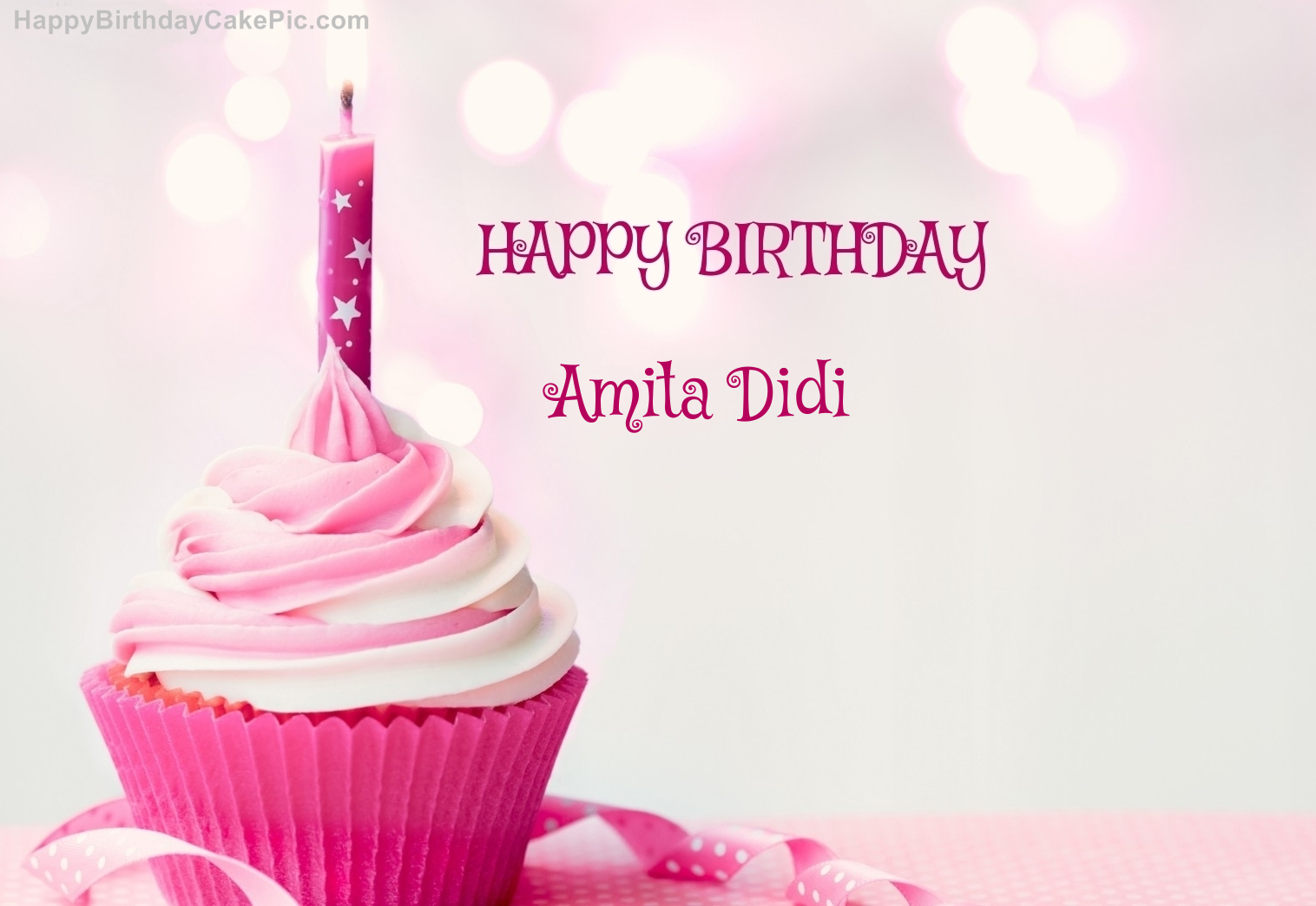 Happy Birthday Cupcake Candle Pink Cake For Amita Didi