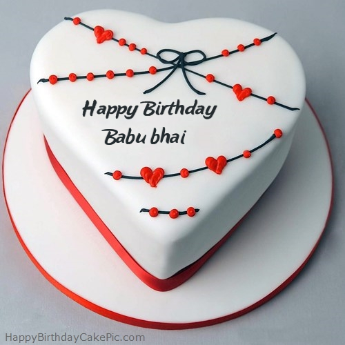Red White Heart Happy Birthday Cake For Babu Bhai