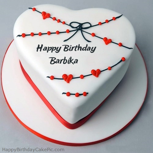 write name on Red White Heart Happy Birthday Cake