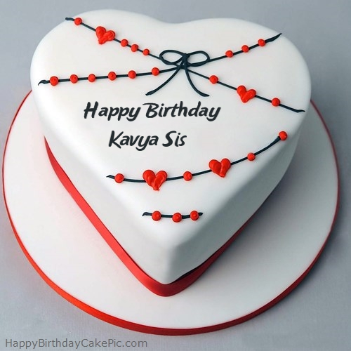 Red White Heart Happy Birthday Cake For Kavya Sis