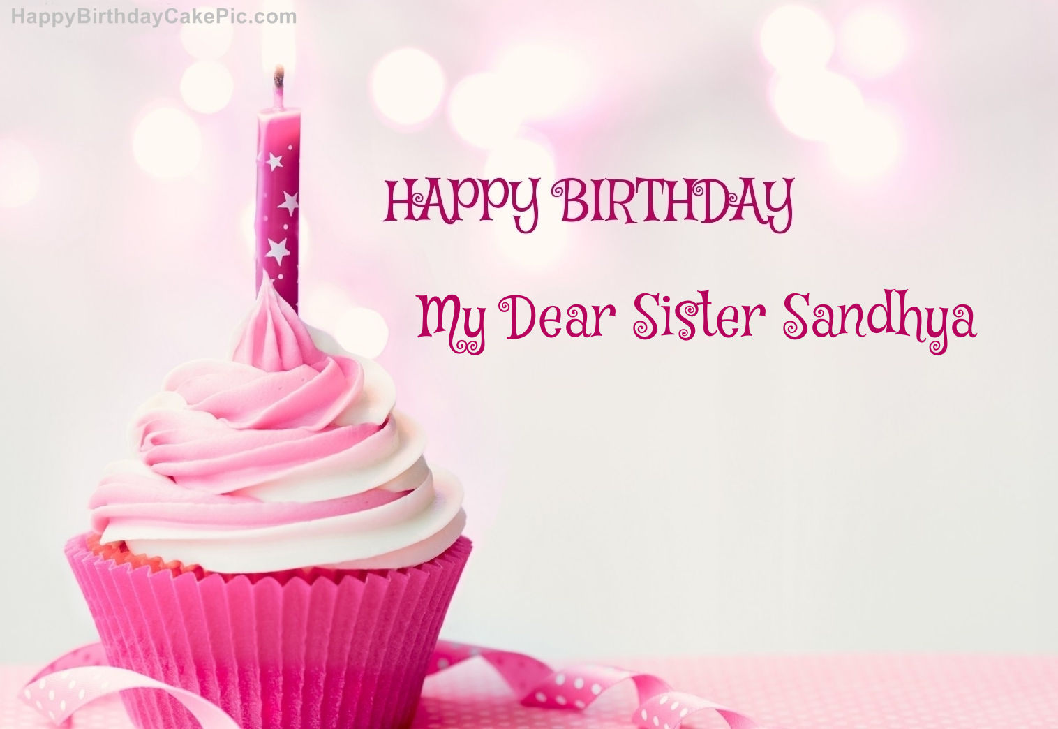 Happy Birthday Cupcake Candle Pink Cake For My Dear Sister Sandhya