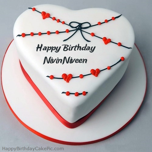 write name on Red White Heart Happy Birthday Cake