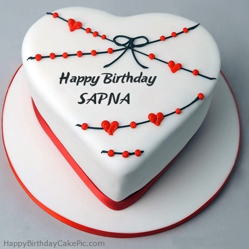 ❤️ Red White Heart Happy Birthday Cake For SAPNA